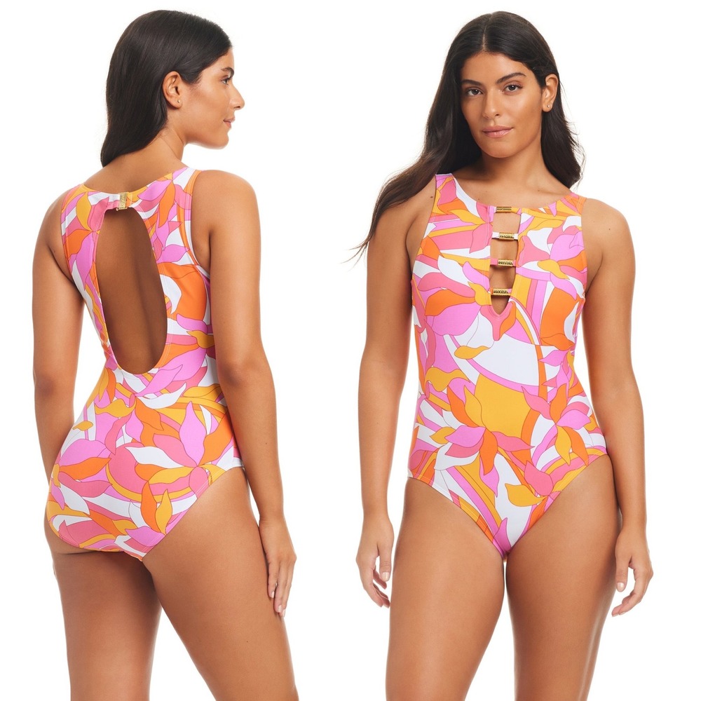 Retro‎ Resort Pink Orange Mod Print Open Back One Piece Swimsuit